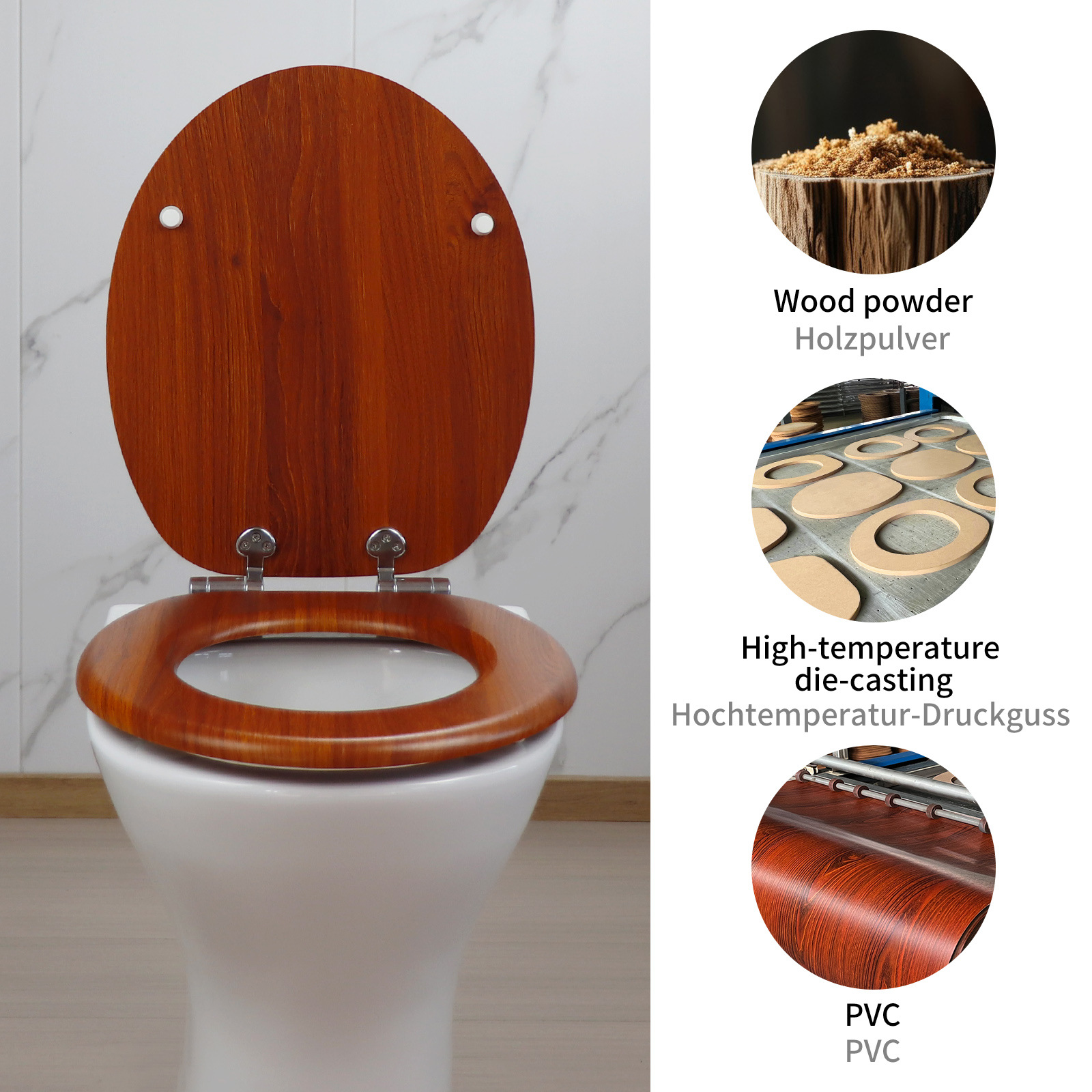 Tapa de Inodoro de MDF con Textura de Madera y Cierre Lento
