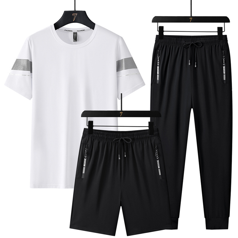 Trajes deportivos de seda de hielo de verano para hombres, mangas cortas, pantalones cortos, pantalones largos, carreras casuales, secado rápido, delgado, conjunto de tres piezas al por mayor