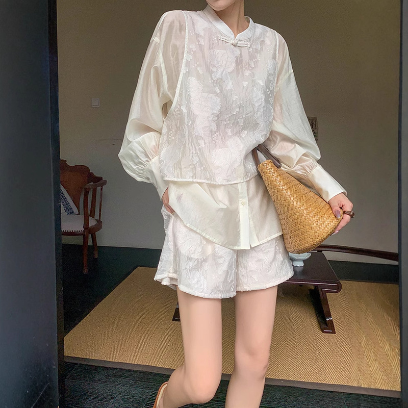 Spring and Summer New Style New Chinese Style Two-Piece Suit for Women, Long-Sleeved Fake Two-Piece Top and Short Pants