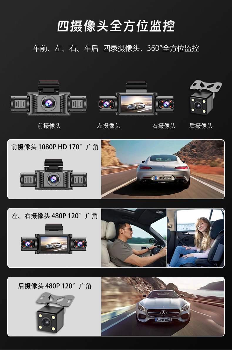 Cross-border 4-lens car dash cam with high-definition night vision, radar warning, and parking monitoring