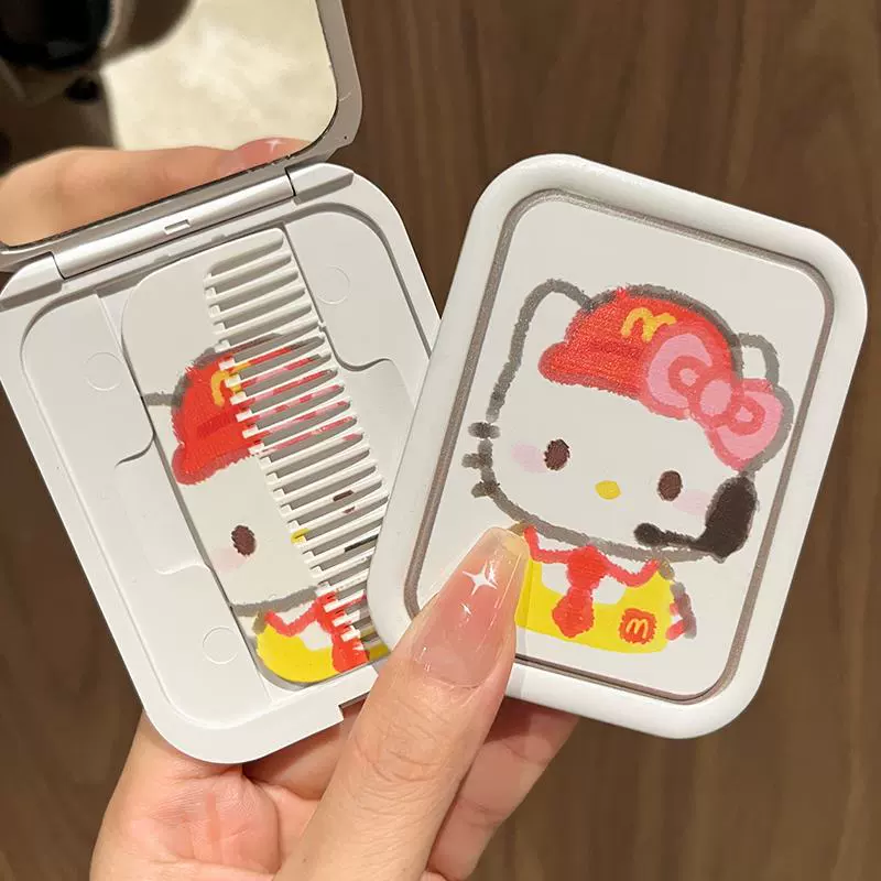 Hello Kitty, hello kitty, portable folding handheld cute mirror for princess for elementary school students