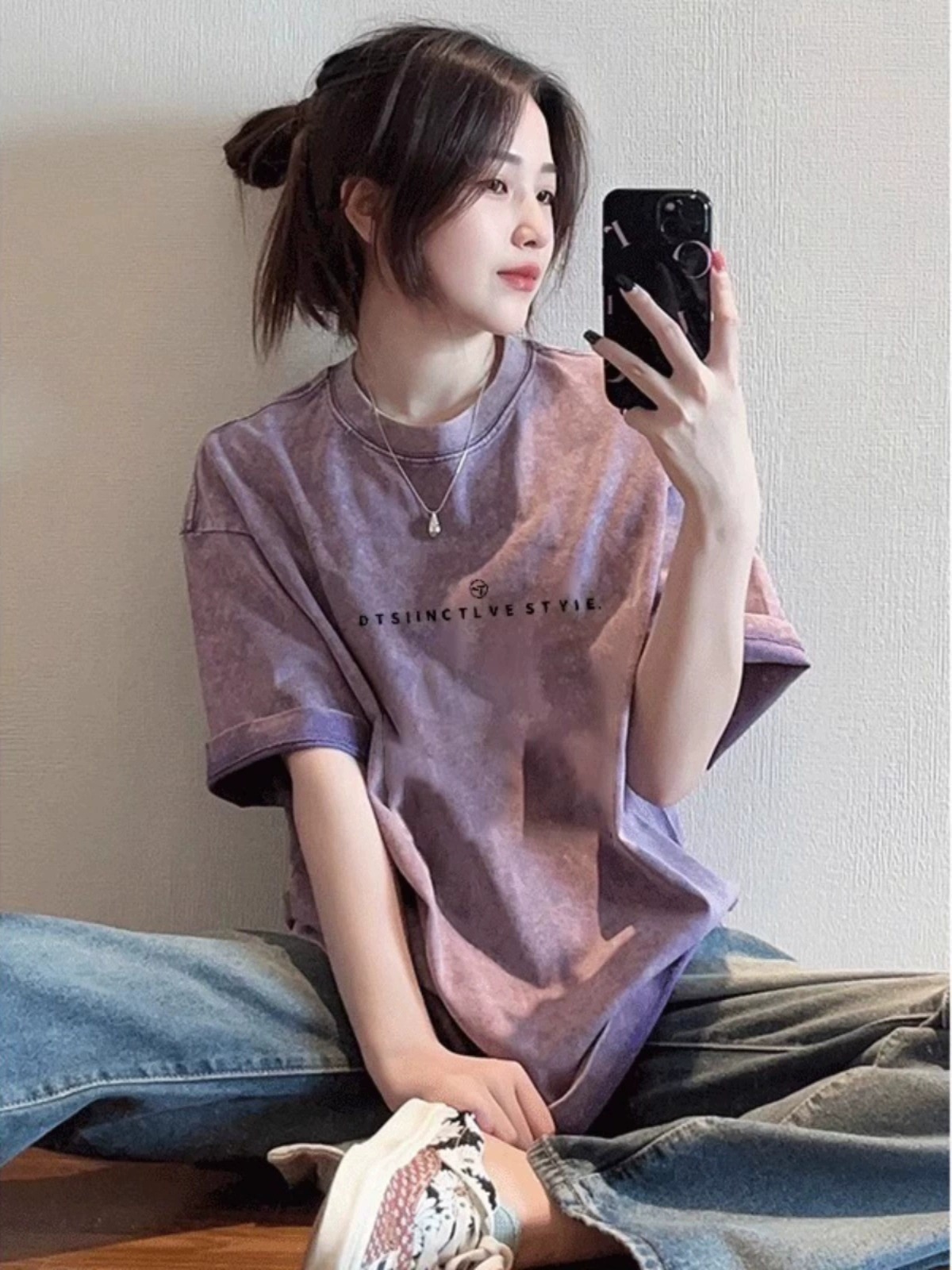 American Style Retro Washed Purple Heavy Cotton Short-sleeved T-shirt Women's Summer High Street Ins Niche Design Sense Top Trendy