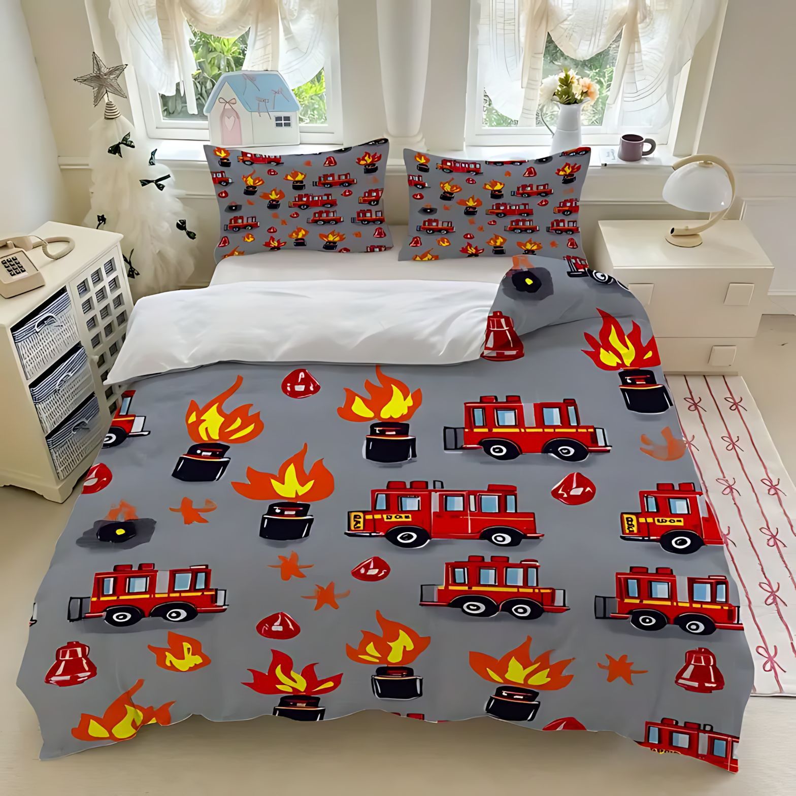 TEMU / JIT nuevo producto transfronterizo dibujos animados camión de bomberos de alta definición digital impresión kit de colcha se puede diseñar