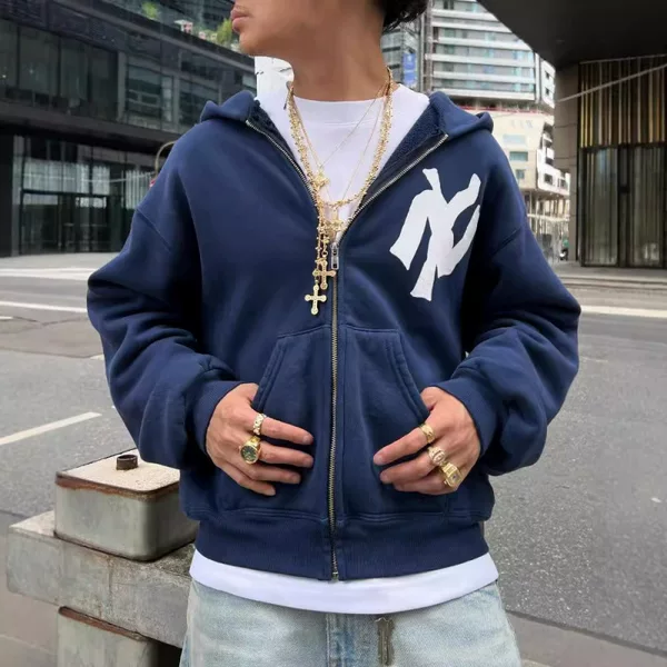Cross-Border Oversize American Retro Chinese Japanese Cloth Fleece-Lined Hooded Sweatshirt Jacket for Men and Women Couple Loose Top