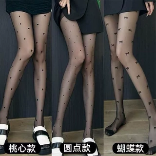 爱心白丝袜女春夏薄款甜美蝴蝶结白色连裤袜洛丽塔圆波点jk黑丝