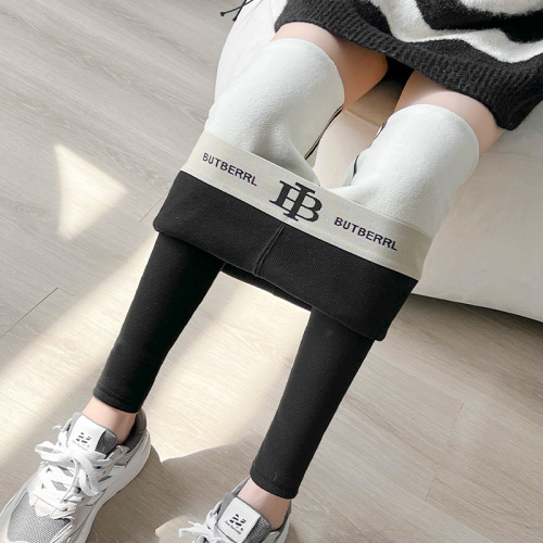 Women's Autumn/Winter Fleece Lined Warm Ribbed Vertical Striped Slimming B Letter Belted Outerwear Lamb Wool Leggings