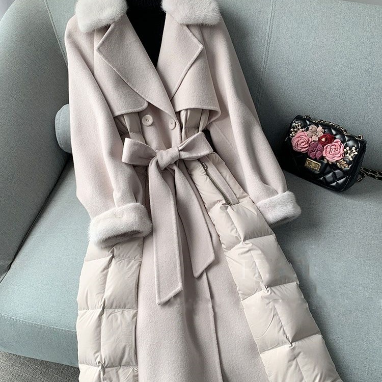 新款整貂领毛呢大衣欧版显瘦双面尼白鸭绒外套长款显瘦风衣女冬