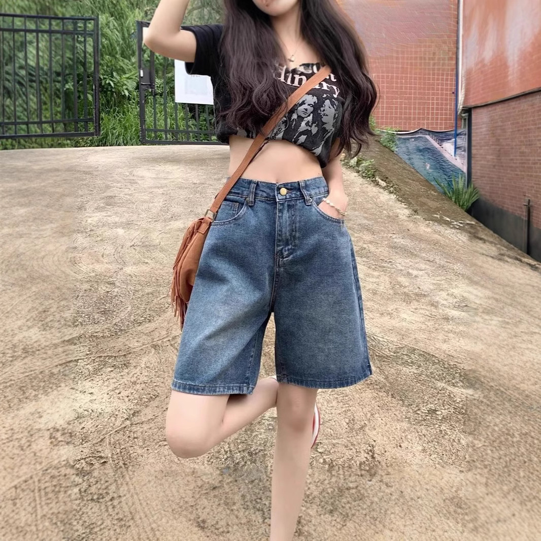 청바지 여성의 여름 짧은 직선 슬리밍 높은 허리 아메리칸 스타일 복고풍 디자인 감각 느슨한 넓은 다리 5 점 바지