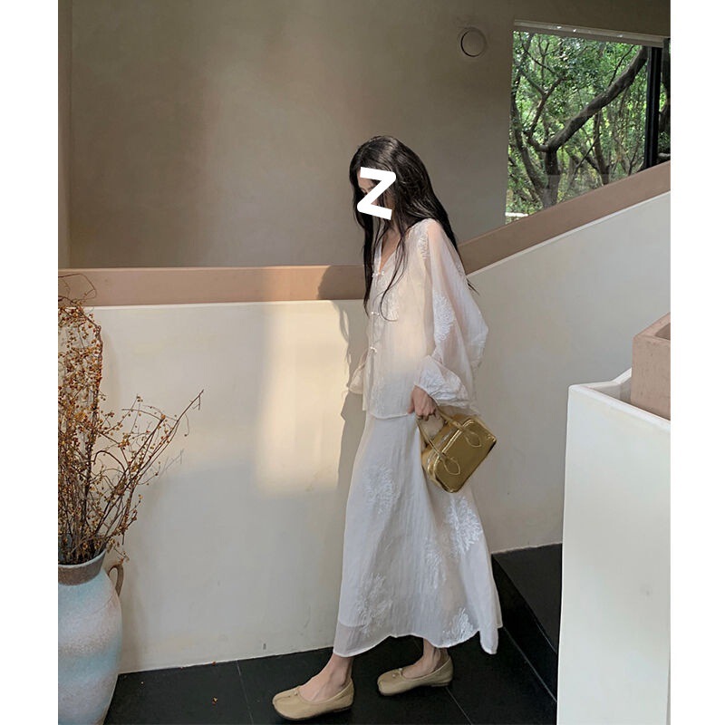 Elegant Misty Rain New Chinese suit Women's White Loose V-neck Jacket Summer Slim-fit Sling dress Two-piece Set