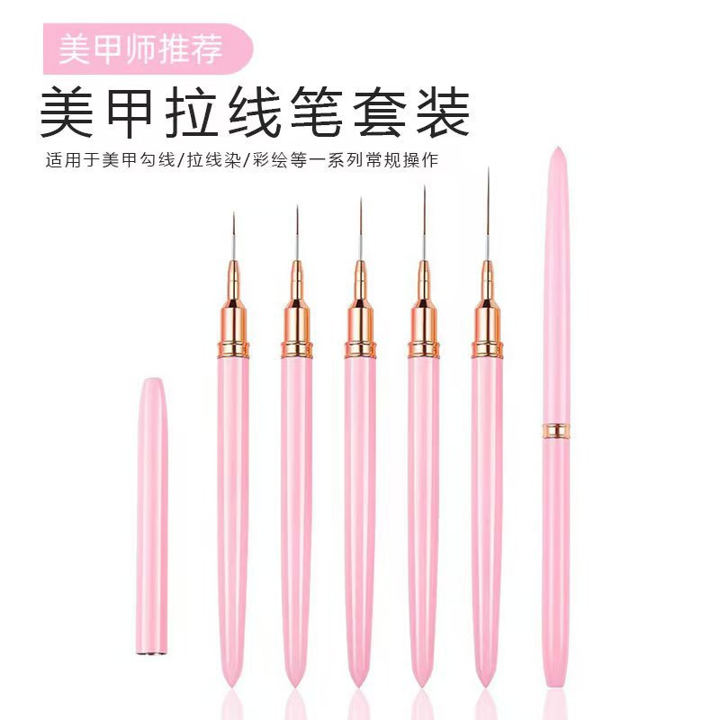 Cross-border exclusive pink five-piece ultra-fine pull pen suit metal rod nail art painting pen needle type paintbrush