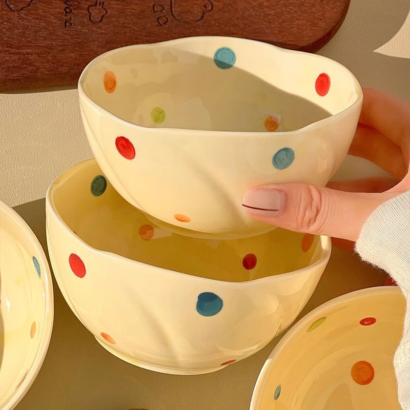 インカラフルな水玉模様のセラミックかわいい釉下色のライスボウル家庭用クリーム食器セット高価値の新しいスタイル|undefined