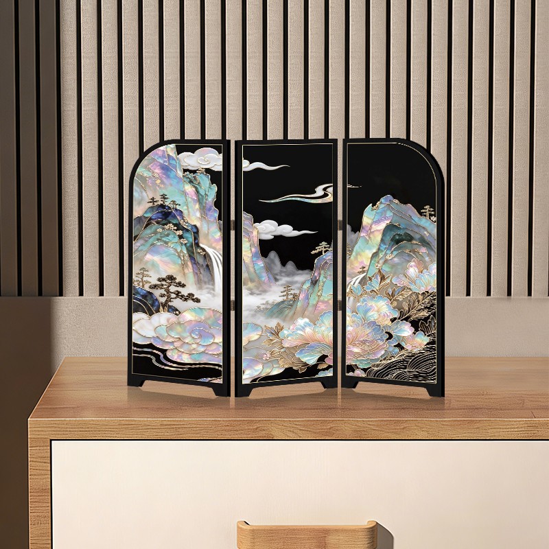 Imitation mother-of-pearl crafts, creative antique-style fan screen, Chinese-style home desktop decoration, decorative gift, lacquer painting decoration