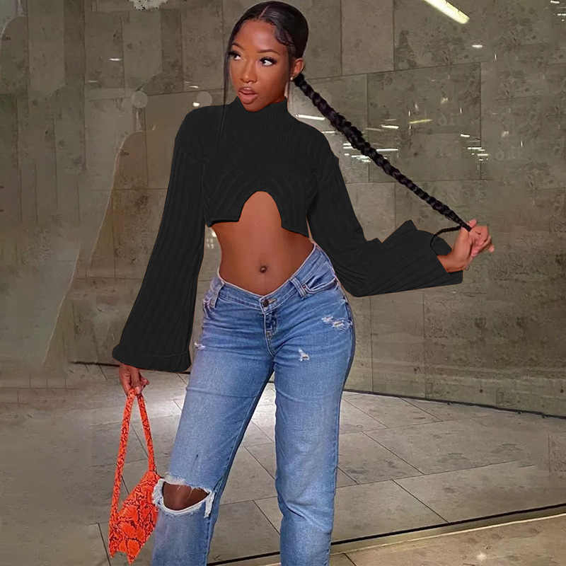 Damen Casual Einfach Laangärmlech Ronn Ausschnëtt Klassesch Skinny Onregelméisseg Halter Midi Top_voghion.com