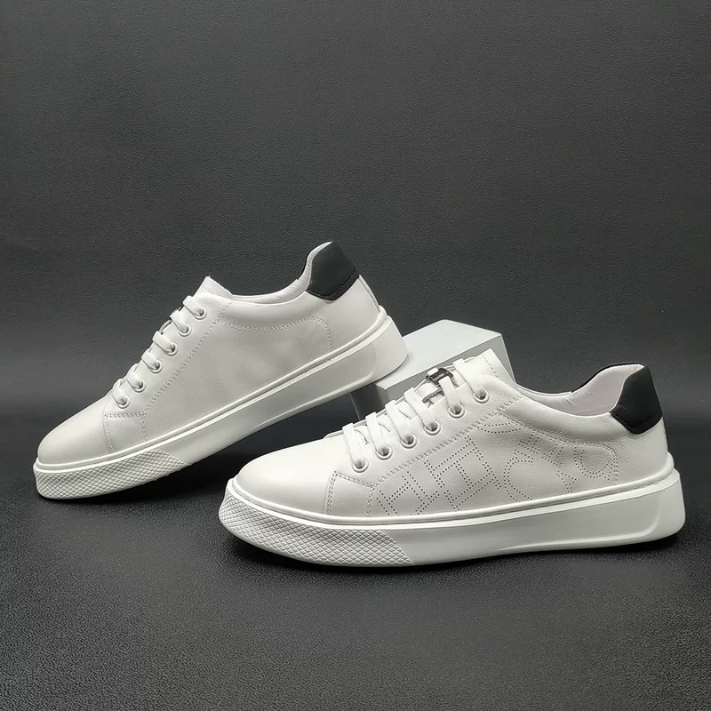 Leather white sneakers, sports shoes, men's breathable casual footwear, cowhide, genuine leather, European style