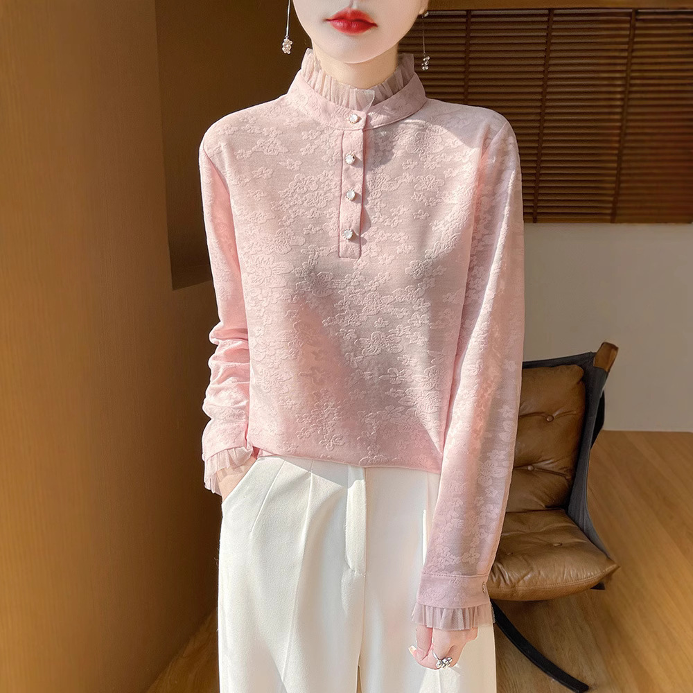 Half turtleneck lace worsted wool bottoming shirt for women