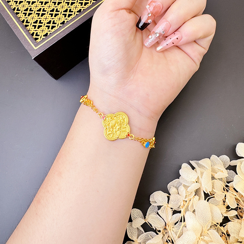 Nueva pulsera de oro de arena china, esmalte, collar de flores de cuatro hojas