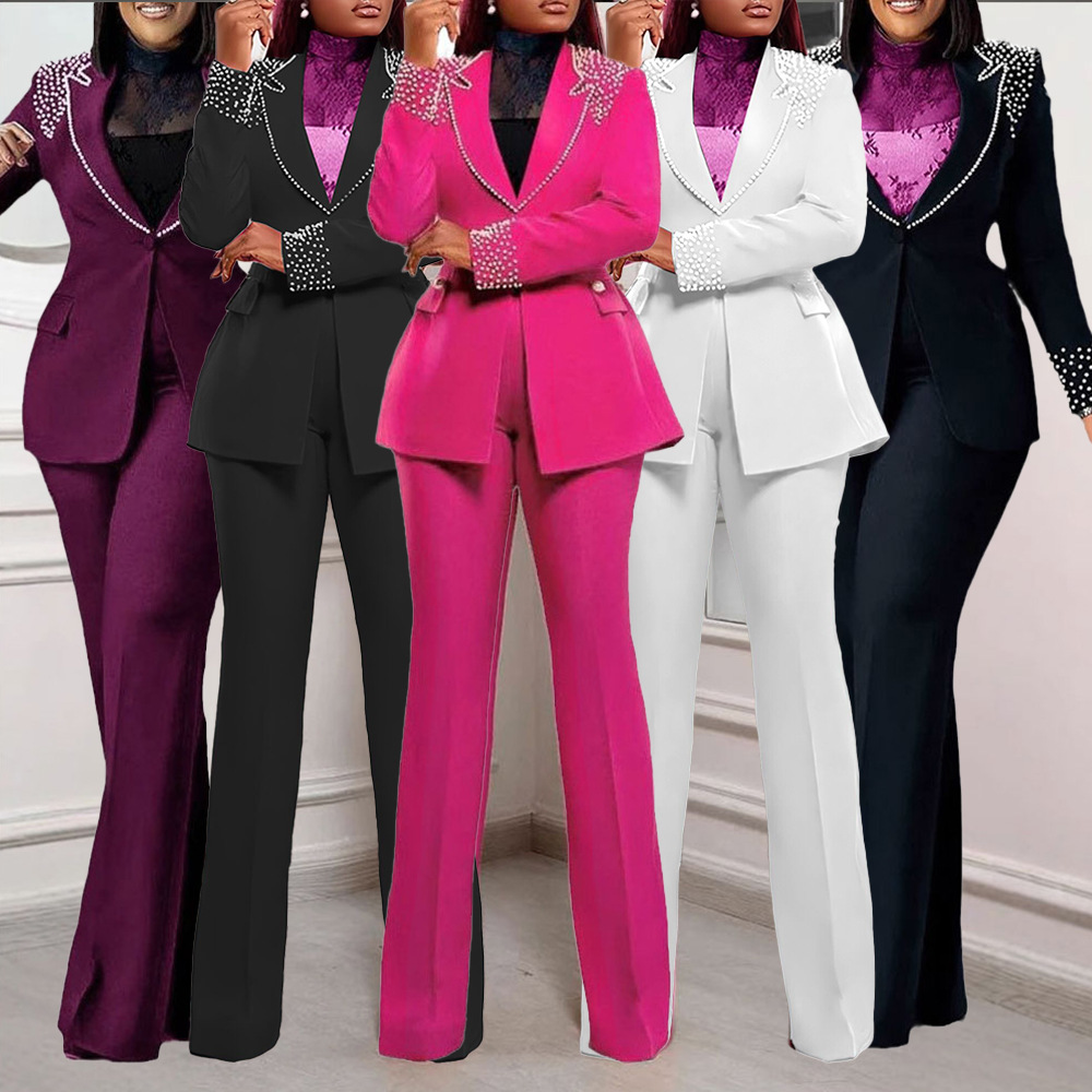 K3332 Women's European And American Style Pearl Embellished Slim Stretch Two Piece Suit Long Sleeved Regular Fit Summer Suit_ecoleips.com