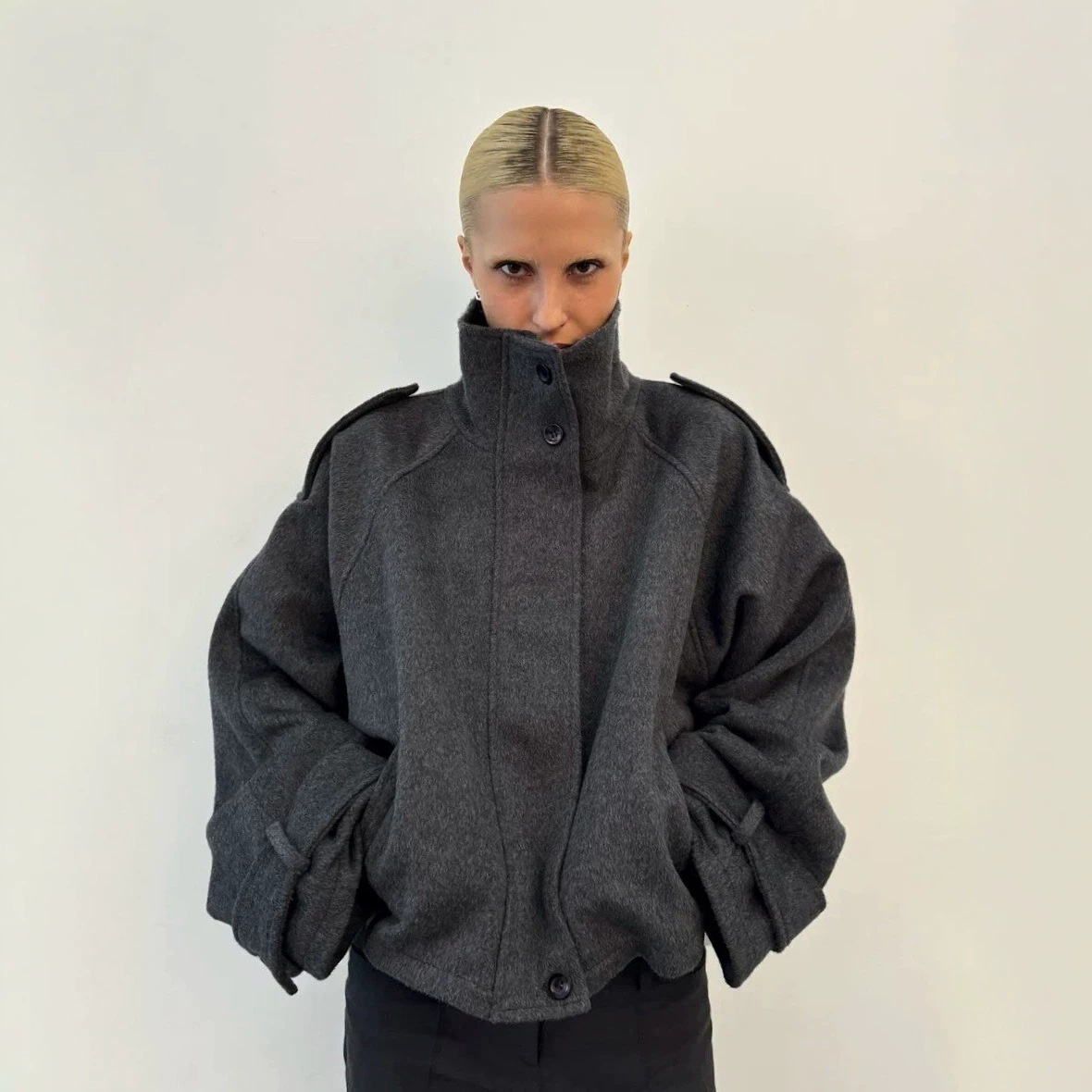 Cross-border European and American high-quality, elegant gray stand-collar wool coat, women's loose-fitting casual jacket for autumn and winter