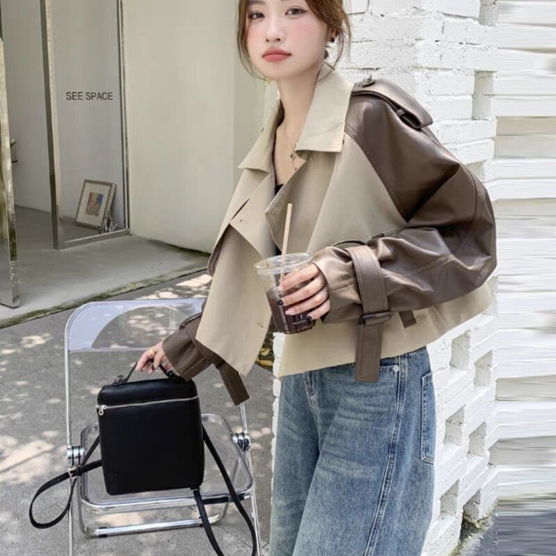 Women's Trench Coat 2025 Spring and Autumn New Style, Unique and Elegant, High-end, Goddess-like, PU Leather Patchwork Short Cardigan Women's Trench Coat 2025 Spring and Autumn New Style, Unique and Elegant, High-end, Goddess-like, PU Leather Patchwork Short Cardigan
