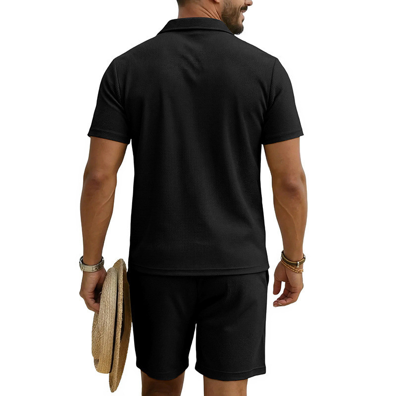 Men's Summer Waffle Knit Polo Shirt And Shorts Set, Casual Breathable Comfort Outfit For Daily Wear ​​Lightweight & Quick-Drying Fabric​_viptrois.com