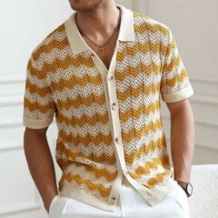 国境を越えた外国貿易男性服アメリカの透かし彫りジャカードの波紋ニットシャツ夏半袖ニットpoloシャツSY0118