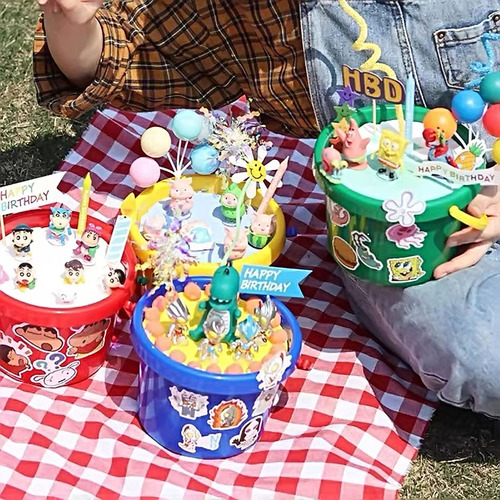Cream cake bucket cake decoration ornaments children's portable birthday bucket creative cute colorful soft strip sticker decoration