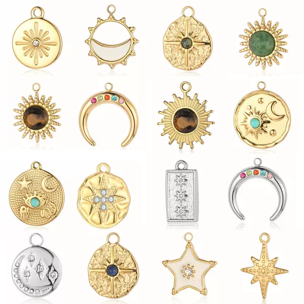 Sun Star and Moon Bohemian Natural Stone Titanium Steel Pendant Star DIY Jewelry Accessories Crescent Stainless Steel Pendant
