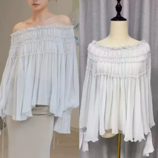 现货/2026秋冬新品/蕾丝抽褶喇叭袖上衣