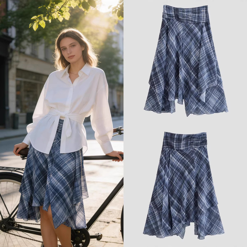 Za Foreign Trade Cross-Border Wholesale European and American Style Women's Summer Fashion Asymmetrical Plaid Midi Skirt Za Foreign Trade Cross-Border Wholesale European and American Style Women's Summer Fashion Asymmetrical Plaid Midi Skirt