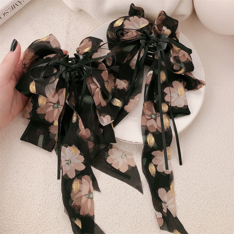 Nuevo estilo francés retro floral bowknot cola de caballo pinza de agarre temperamento ambiente de alto nivel sentido horquilla en la parte posterior de la cabeza