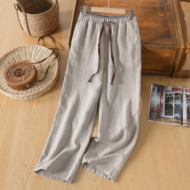 Popular Hemp Straight-Leg Pants for Women with Elastic Waistband, Drawstring, Color-Blocking, and Drapey Casual Long Pants Popular Hemp Straight-Leg Pants for Women with Elastic Waistband, Drawstring, Color-Blocking, and Drapey Casual Long Pants