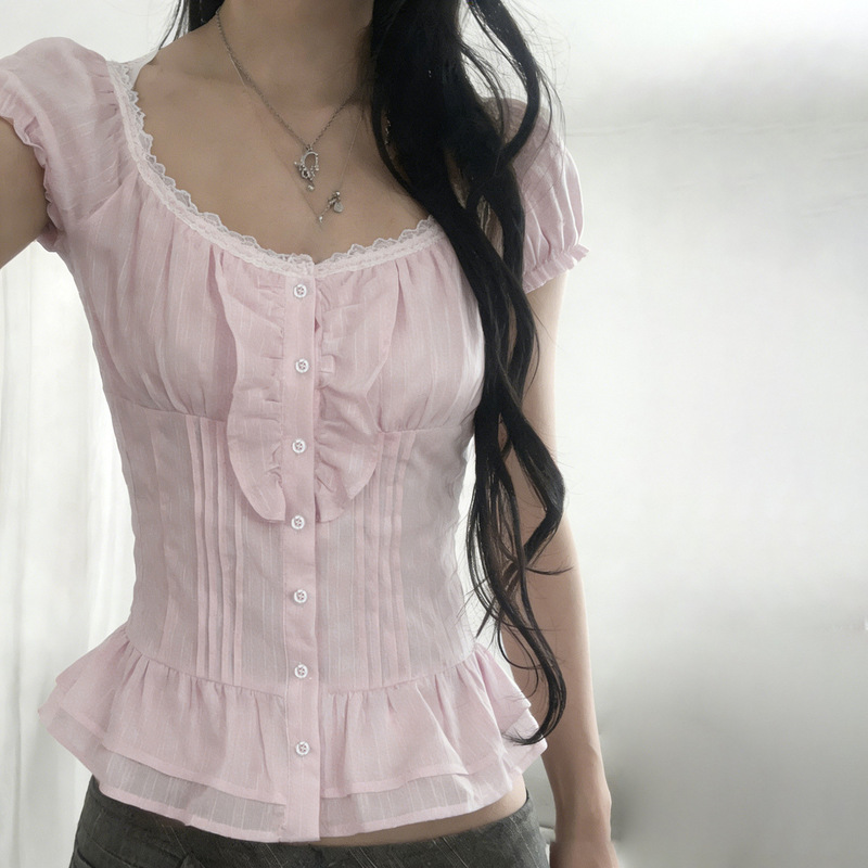Amazon American-Style Sweet and Spicy Bm-Style Girly Pink Lace Patchwork Button-Up Puff Sleeve Shirt with a Stylish Waist-Cinching Design Amazon American-Style Sweet and Spicy Bm-Style Girly Pink Lace Patchwork Button-Up Puff Sleeve Shirt with a Stylish Waist-Cinching Design