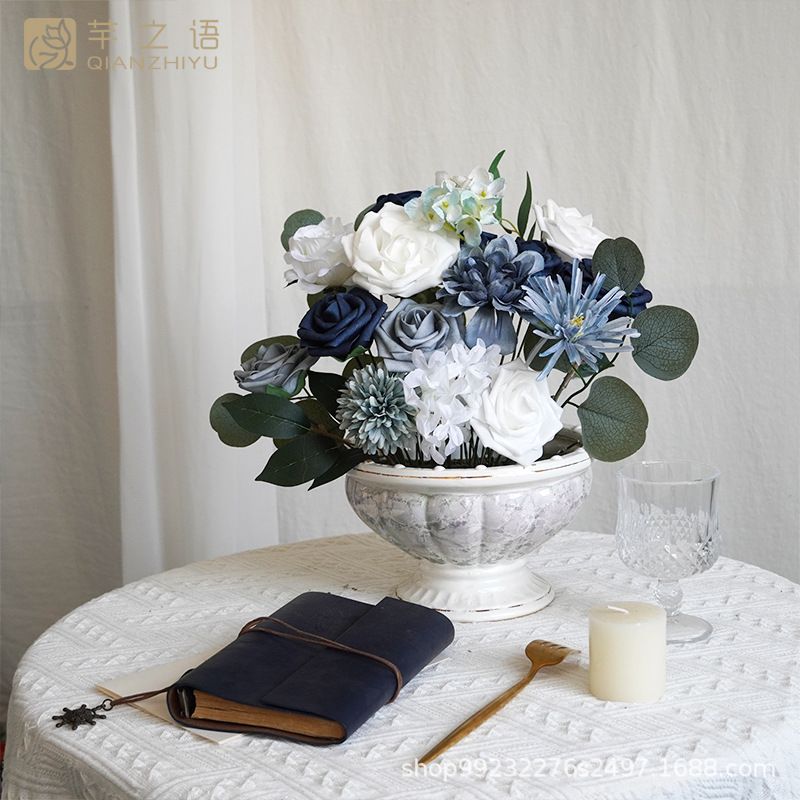 亚马逊热销蓝色系仿真绢布婚礼仪式纪念用品永生新娘伴娘手捧订婚