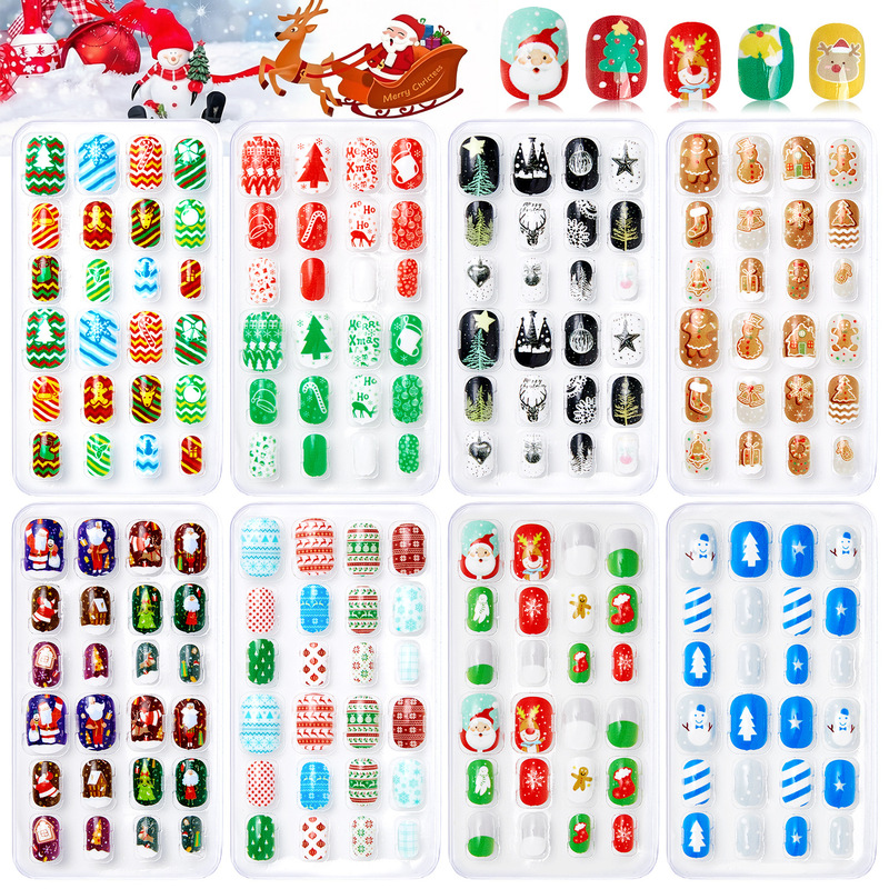 Christmas children's press-on nail set, handmade nail pieces, fake nails wholesale, for older children, self-adhesive, glue-free, press-on style