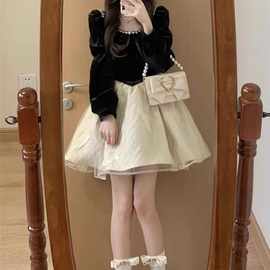 法式黑色长袖连衣裙女秋冬小个子感富家千金公主蓬蓬礼服短裙