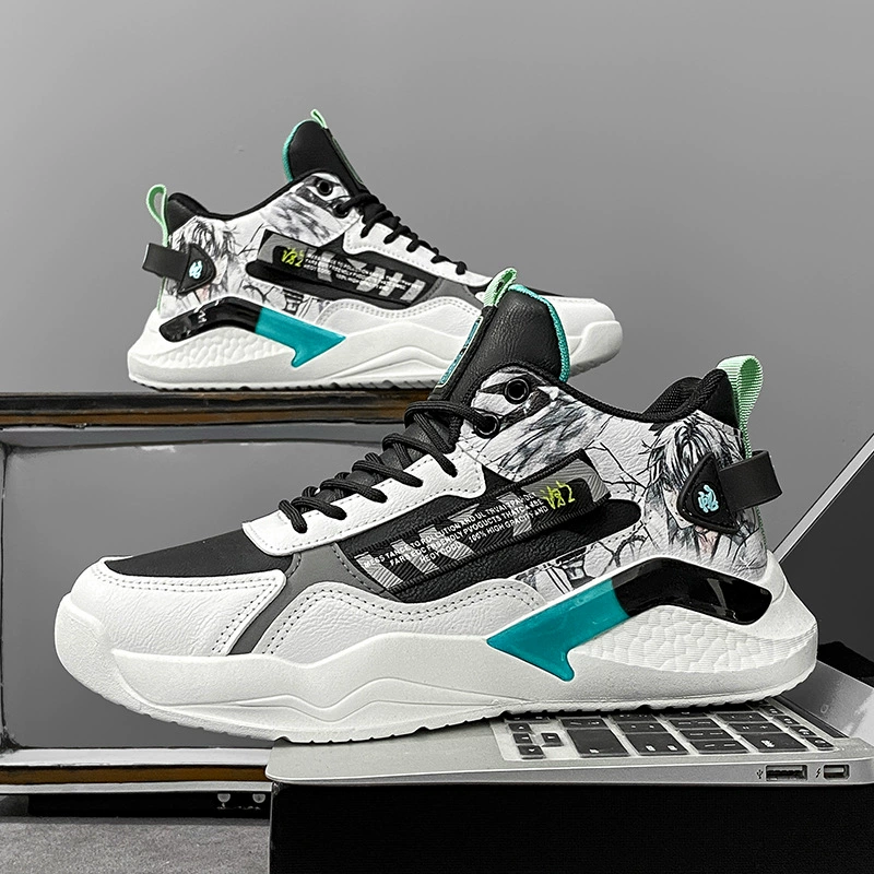 Мужская обувь, осенняя маленькая белая обувь для прилива с высокой помощью, 2022 новые мужские кроссовки, национальная анимация прилива, студенческие кожаные кроссовки