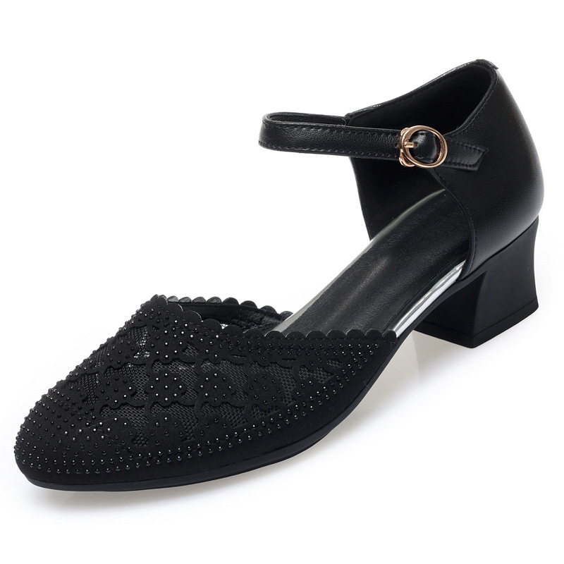 Sandal cao gót nữ quai ngang mũi nhọn đế thấp đính đá — màu đen
