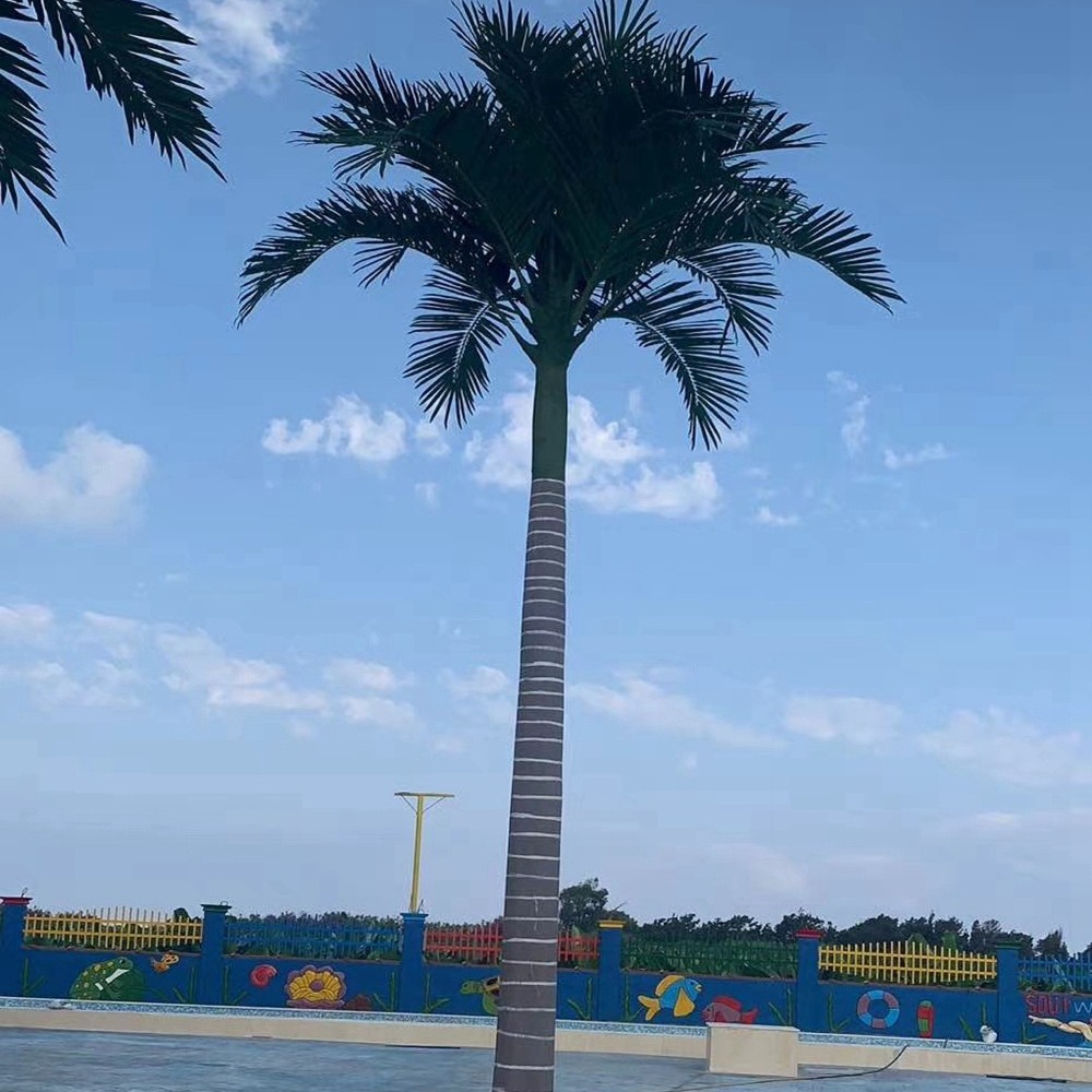 Simulación de gran fabricante de cocoteros artificiales Parque acuático al aire libre Decoración cuadrada de árboles artificiales FRP King Coconut Tree