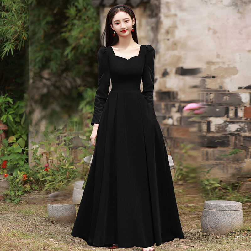 Vestido de noche negro, nicho de lujo ligero de terciopelo, vestido de banquete de alto nivel, anfitrión de vestidos de baile image 8