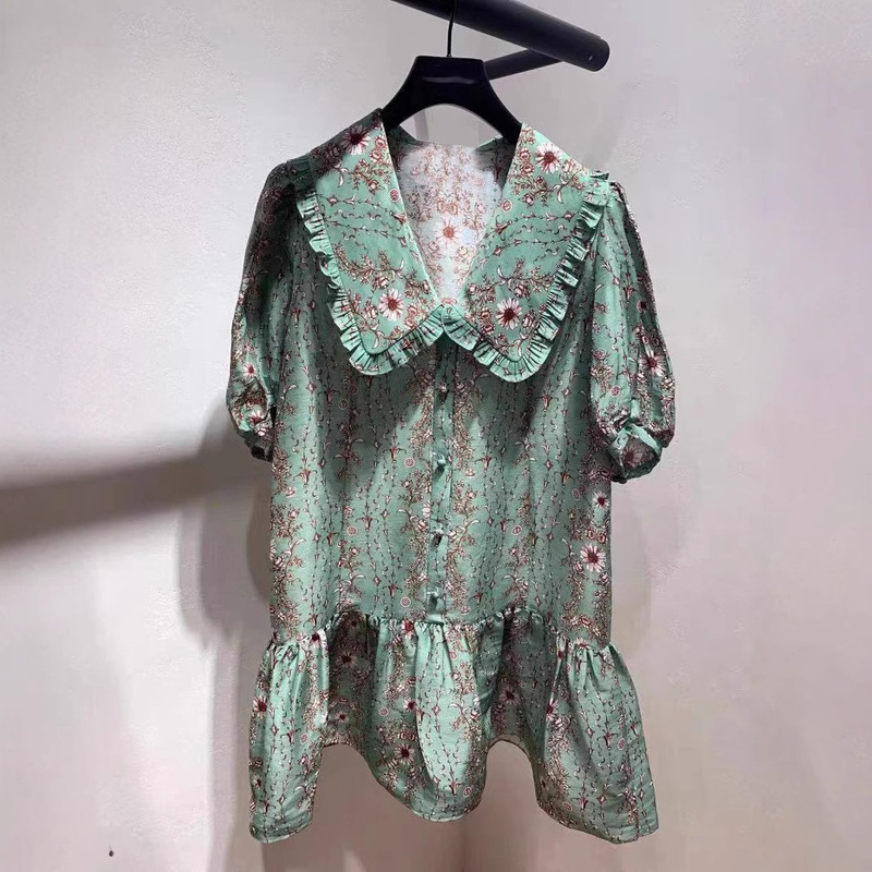 S family 2021 spring and summer new sweet wind lapel ruffled printed bubble sleeve dress women's 17076 special price S family 2021 spring and summer new sweet wind lapel ruffled printed bubble sleeve dress women's 17076 special price