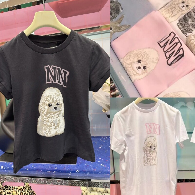 2025 New Summer Niche Designer Letter Poodle Print Round Neck Pure Cotton Loose Short-Sleeved T-Shirt for Women