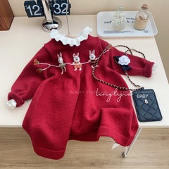 Lini Girls' Autumn/Winter Outfit 24 New Arrival Pure Hand-Embroidered Three Rabbits Knit Dress Wine Red New Year Dress