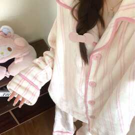 冬季甜美粉色条纹珊瑚绒睡衣女款2026秋冬新款加绒加厚家居服外穿