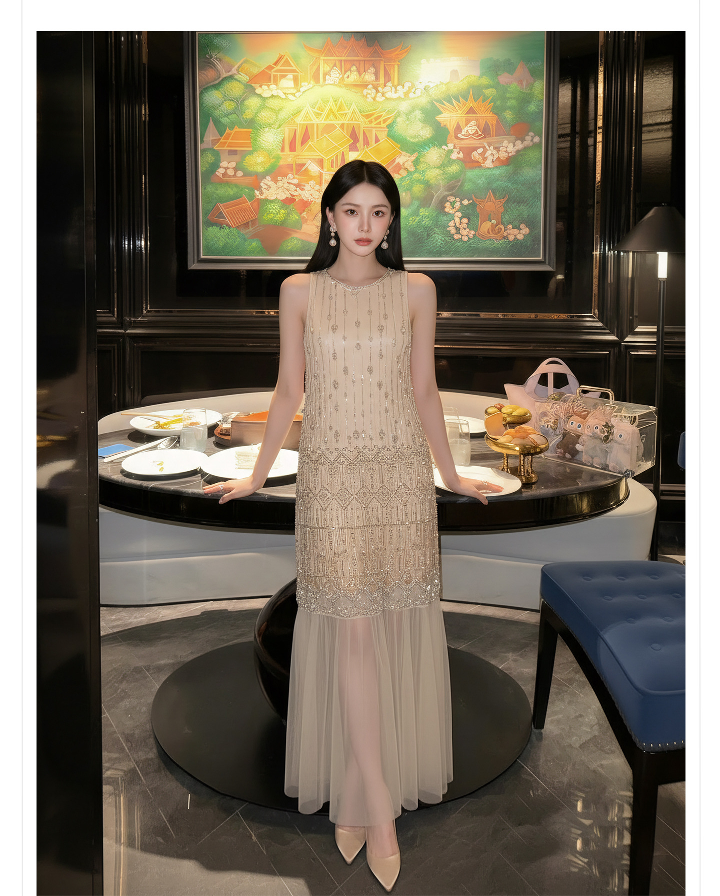 Đầm suông nữ midi không tay phong cách tân cổ điển Trung Quốc, họa tiết sequin lấp lánh — màu trắng ngà chi tiết 9