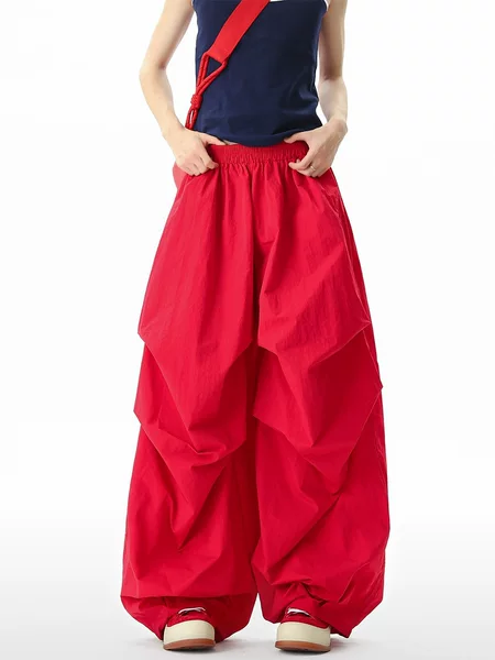 American Retro Red Wide-Leg Casual Pants for Women and Men, Summer Lazy and Relaxed Pleated Paratrooper Pants, Drapey Floor-Length Pants