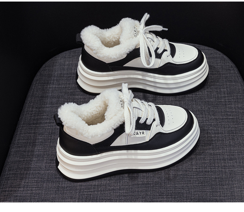 Giày sneaker nữ chunky đế dày mũi tròn lót lông cừu ấm áp mùa thu đông — M2688-1 màu đen lót nhung, M2688-1 trắng be lót nhung chi tiết 20