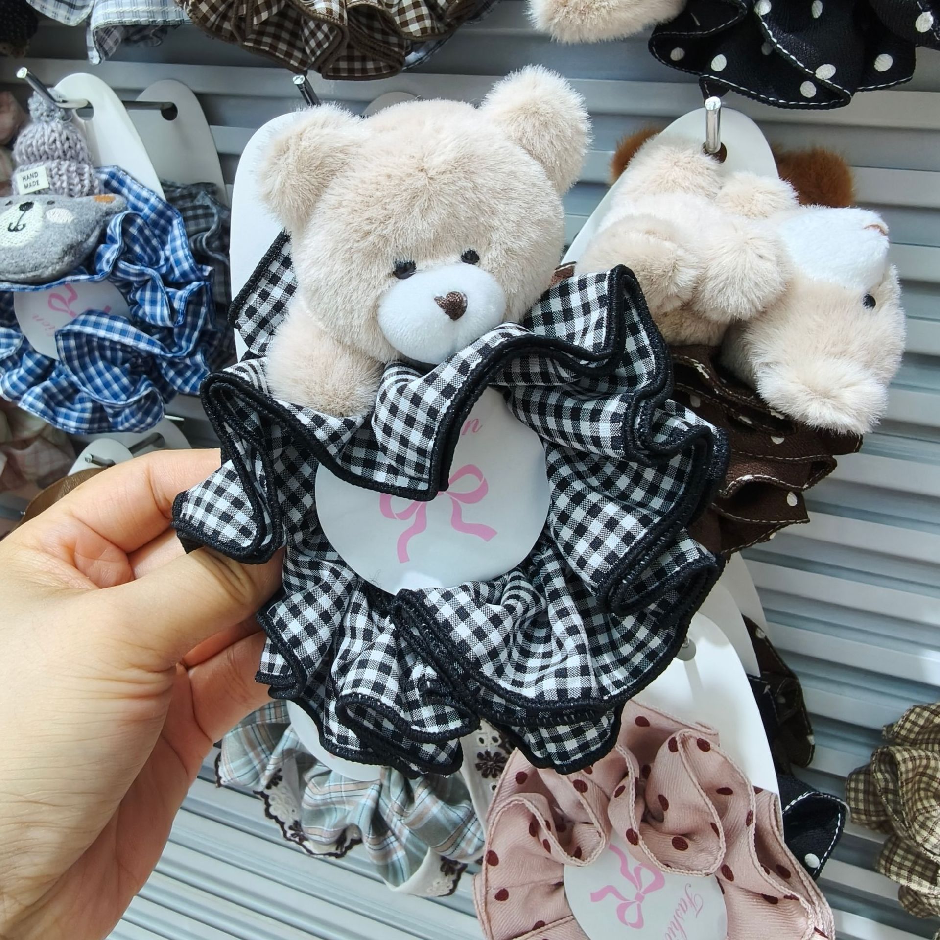 Cute plush bear hair tie, plaid ruffled scrunchie, women's fabric hair accessory, wholesale