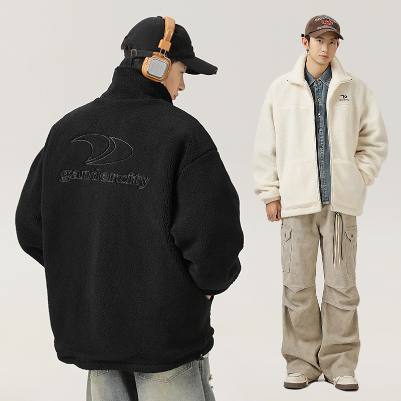 Men's Clothing Heavy Lambswool Cotton Jacket Men Autumn and Winter American Retro Letter Embroidery Cotton Coat Stand Collar Jacket_voghion.com