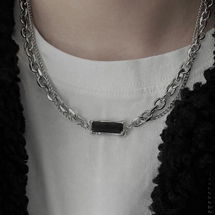 Black Gem Necklace Men's Ins Cold Style Titanium Steel Hip-Hop High-grade Accessories Double-layer Chain Children's Design Sense Niche