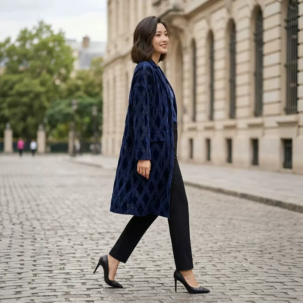 藏青菱格缎面蕾丝拼接长款开衫女法式复古风宽松显瘦长款风衣外搭